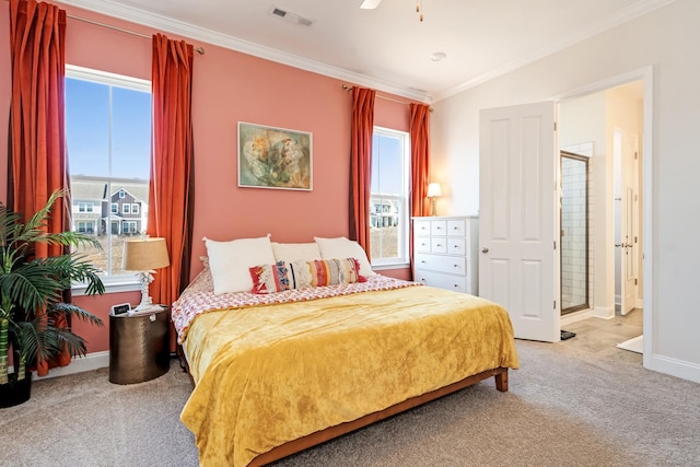 bedroom with baseboards, visible vents, a ceiling fan, light colored carpet, and ornamental molding