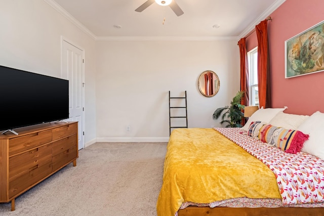 bedroom featuring a ceiling fan, light colored carpet, crown molding, and baseboards