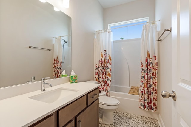 full bathroom with toilet, tile patterned floors, shower / bath combo, and vanity