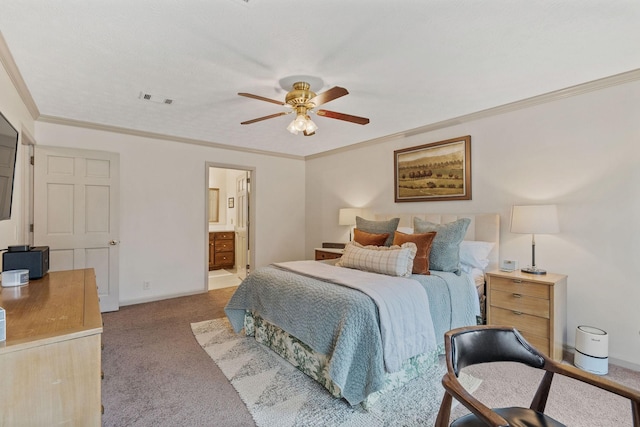 bedroom with crown molding, visible vents, a ceiling fan, carpet flooring, and baseboards