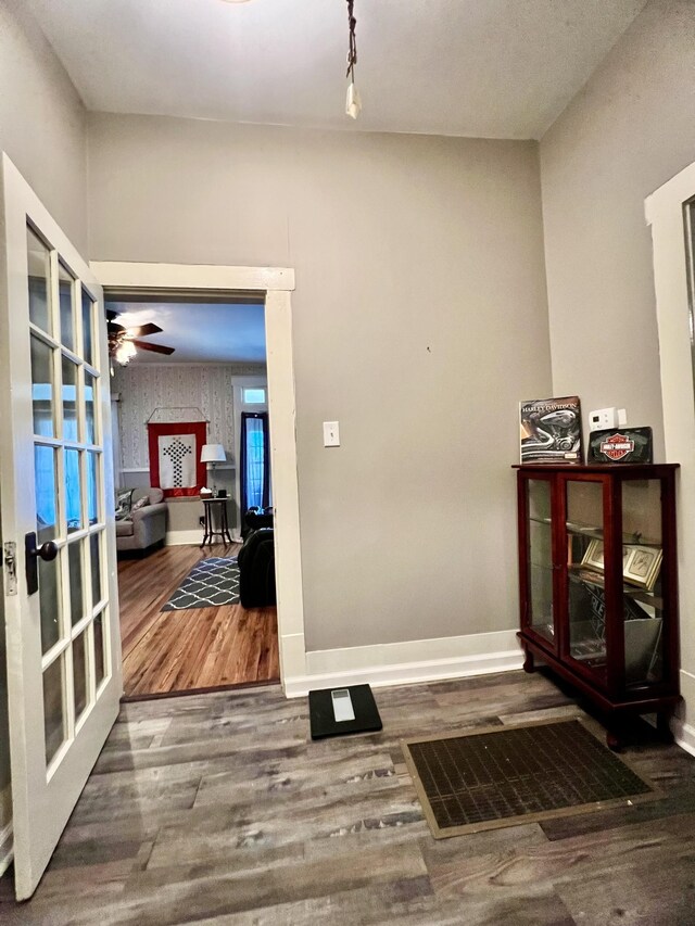 foyer entrance with wood finished floors, a ceiling fan, and baseboards