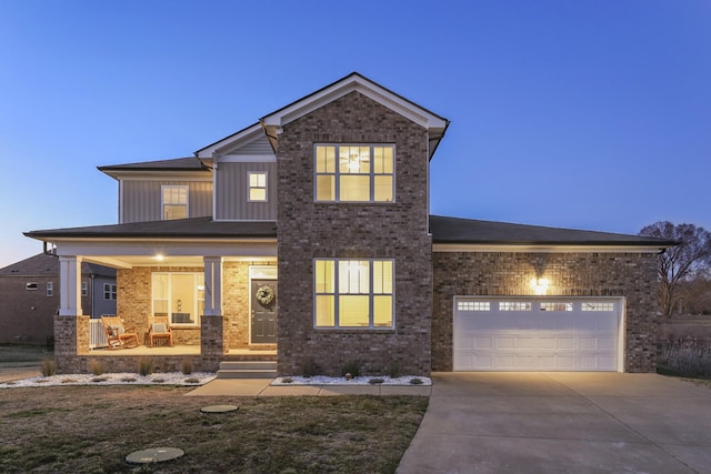 view of front of property with a garage, a porch, board and batten siding, and brick siding