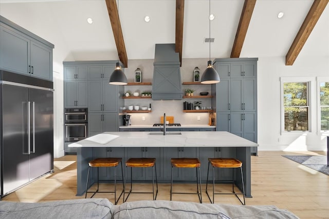 105 Stillwind Ct, Nolensville, TN 37135 - kitchen with custom exhaust hood, tasteful backsplash, built in fridge, open shelves, and multiple ovens