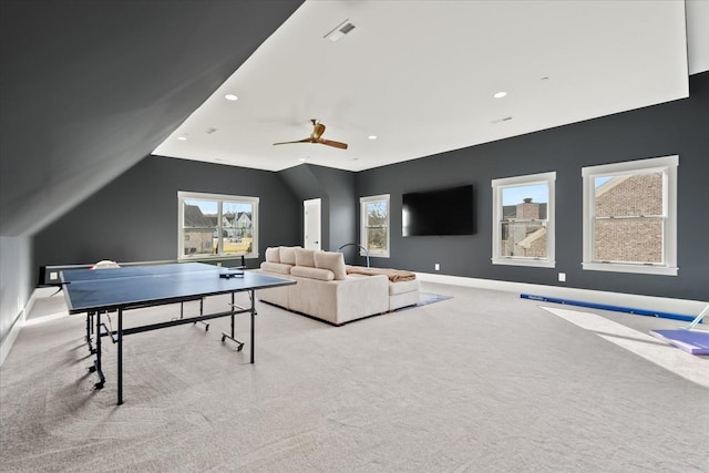105 Stillwind Ct, Nolensville, TN 37135 - playroom with carpet flooring, visible vents, vaulted ceiling, and ceiling fan