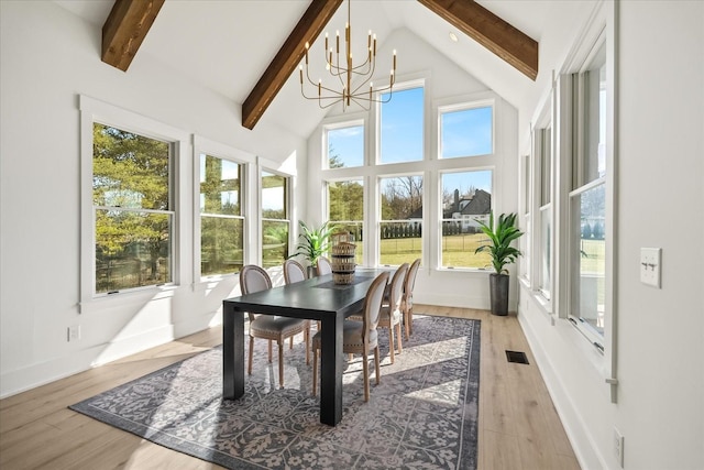105 Stillwind Ct, Nolensville, TN 37135 - sunroom / solarium featuring visible vents, a chandelier, beam ceiling, wood finished floors, and high vaulted ceiling