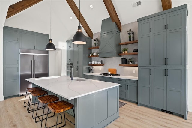 105 Stillwind Ct, Nolensville, TN 37135 - kitchen featuring custom exhaust hood, open shelves, light stone countertops, visible vents, and appliances with stainless steel finishes