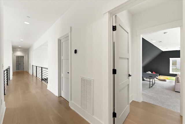 105 Stillwind Ct, Nolensville, TN 37135 - hallway featuring visible vents, baseboards, light wood finished floors, recessed lighting, and vaulted ceiling
