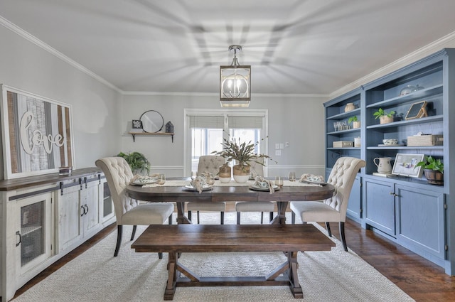 dining room with heating unit, ornamental molding, and dark wood finished floors