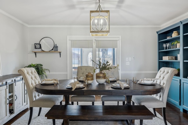 dining area featuring a chandelier, dark wood-style flooring, and crown molding