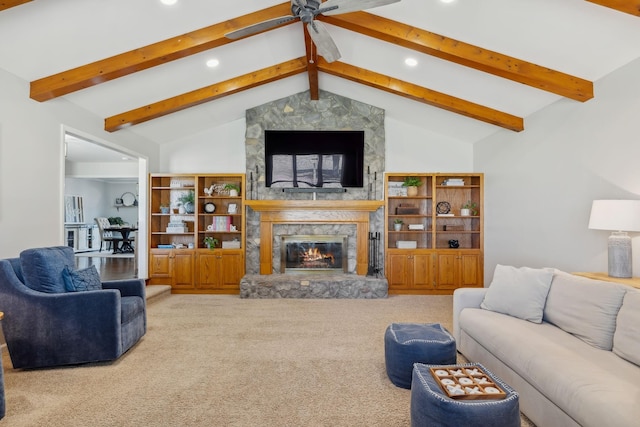 carpeted living room with vaulted ceiling with beams, recessed lighting, a ceiling fan, and a stone fireplace