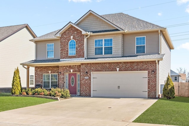 view of front of property featuring driveway, brick siding, and a front yard