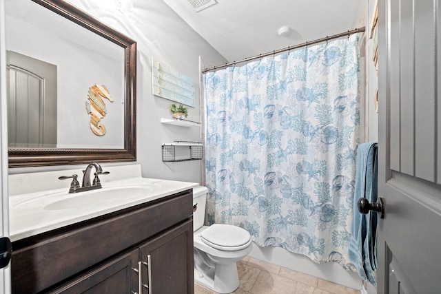 full bath featuring toilet, tile patterned floors, visible vents, vanity, and shower / tub combo with curtain