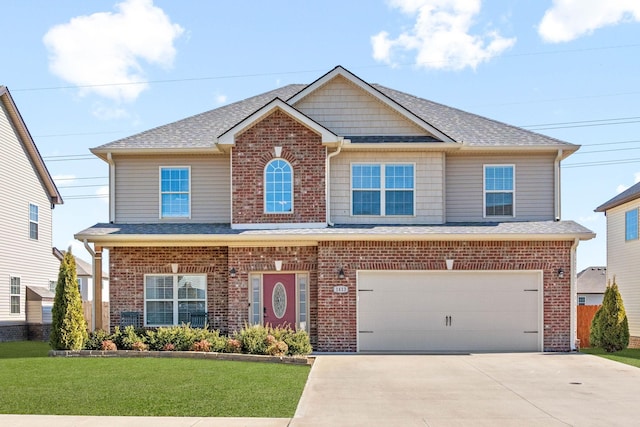 view of front facade with a garage, concrete driveway, brick siding, and a front lawn