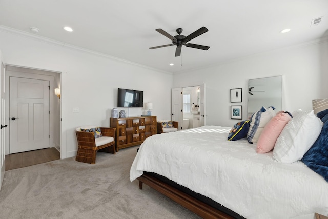 bedroom with carpet, visible vents, crown molding, and recessed lighting