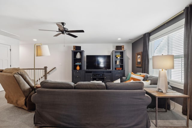 living room featuring recessed lighting, ceiling fan, and carpet