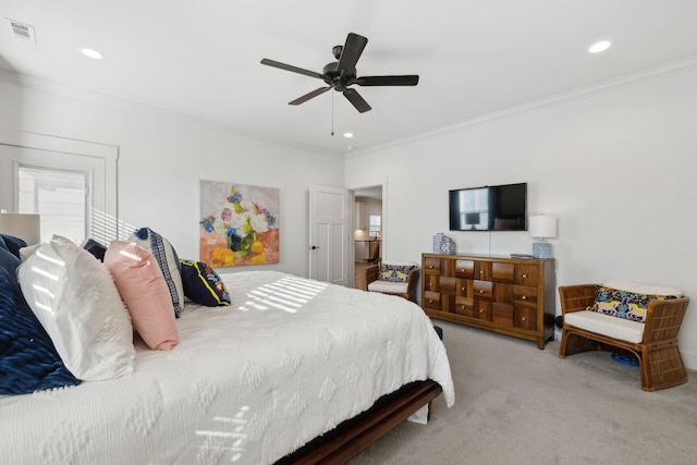 bedroom featuring visible vents, a ceiling fan, carpet, crown molding, and recessed lighting