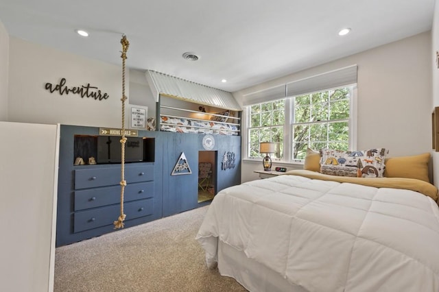 bedroom with carpet, visible vents, and recessed lighting