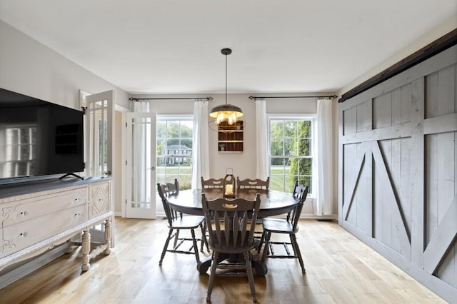 dining space featuring light wood finished floors, a barn door, and a healthy amount of sunlight