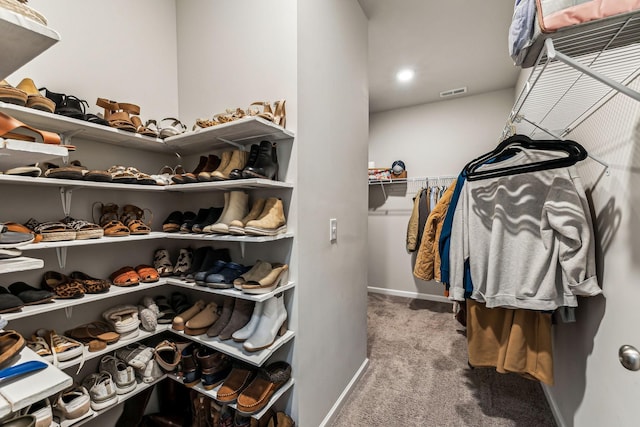 spacious closet featuring carpet flooring and visible vents