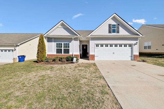 craftsman house with concrete driveway, a front lawn, and brick siding