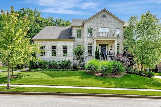 view of front of house featuring a front yard, brick siding, a balcony, and roof with shingles