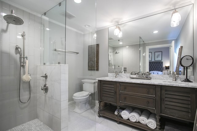 full bathroom with crown molding, double vanity, visible vents, toilet, and a walk in shower