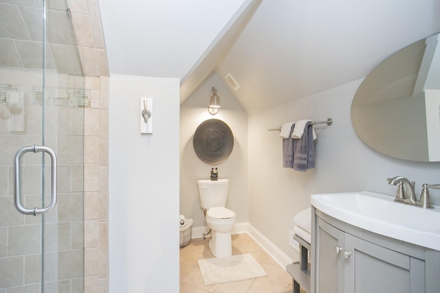 full bath with visible vents, baseboards, toilet, tile patterned floors, and a shower stall