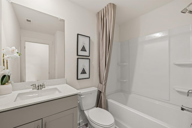 bathroom with toilet, visible vents, shower / tub combo with curtain, and vanity