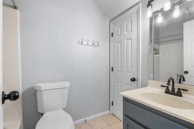 full bathroom featuring baseboards, toilet, tile patterned floors, a textured ceiling, and vanity