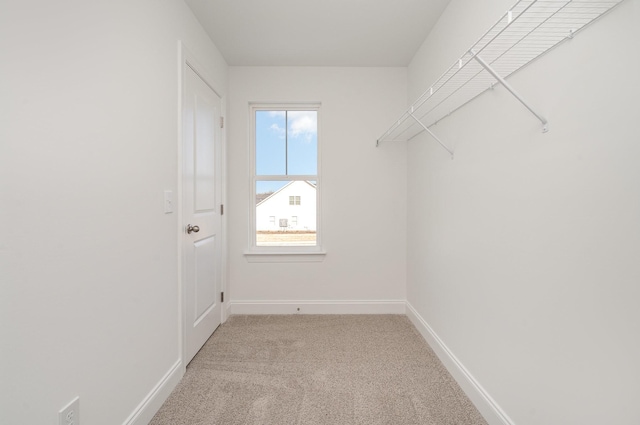 walk in closet with light colored carpet