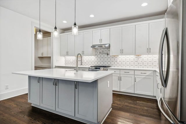 kitchen featuring dark wood-style floors, appliances with stainless steel finishes, a sink, and under cabinet range hood