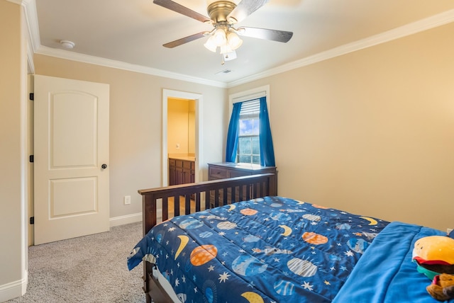 carpeted bedroom with baseboards, visible vents, ornamental molding, and a ceiling fan