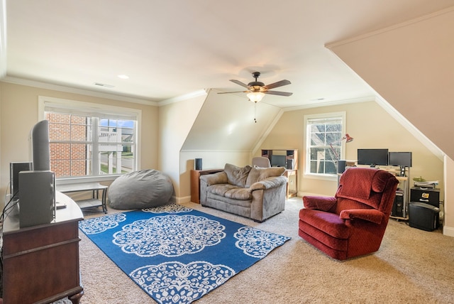 home office featuring ornamental molding, carpet, and visible vents