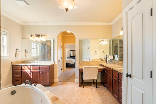 ensuite bathroom with ornamental molding, visible vents, a shower stall, and a tub with jets