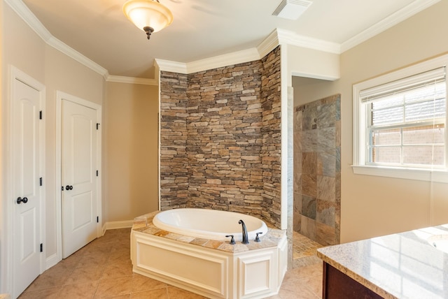 bathroom with a garden tub, crown molding, visible vents, tile patterned flooring, and walk in shower