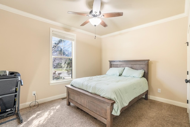 bedroom with carpet floors, ornamental molding, and baseboards