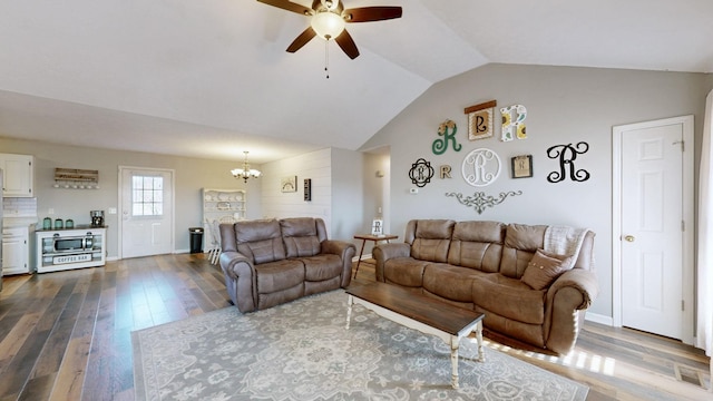 living area with dark wood finished floors, lofted ceiling, visible vents, baseboards, and ceiling fan with notable chandelier