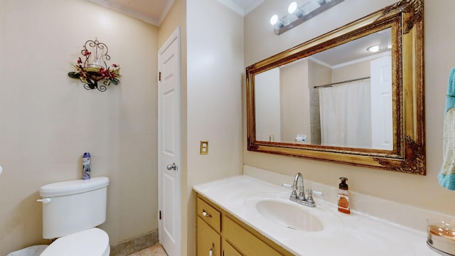 full bathroom featuring toilet, ornamental molding, and vanity