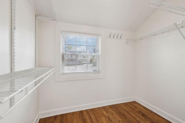 spacious closet featuring lofted ceiling and wood finished floors