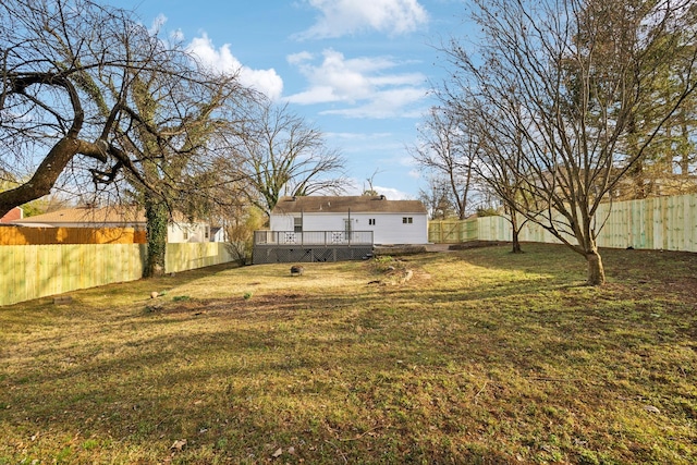 view of yard featuring a fenced backyard and a wooden deck