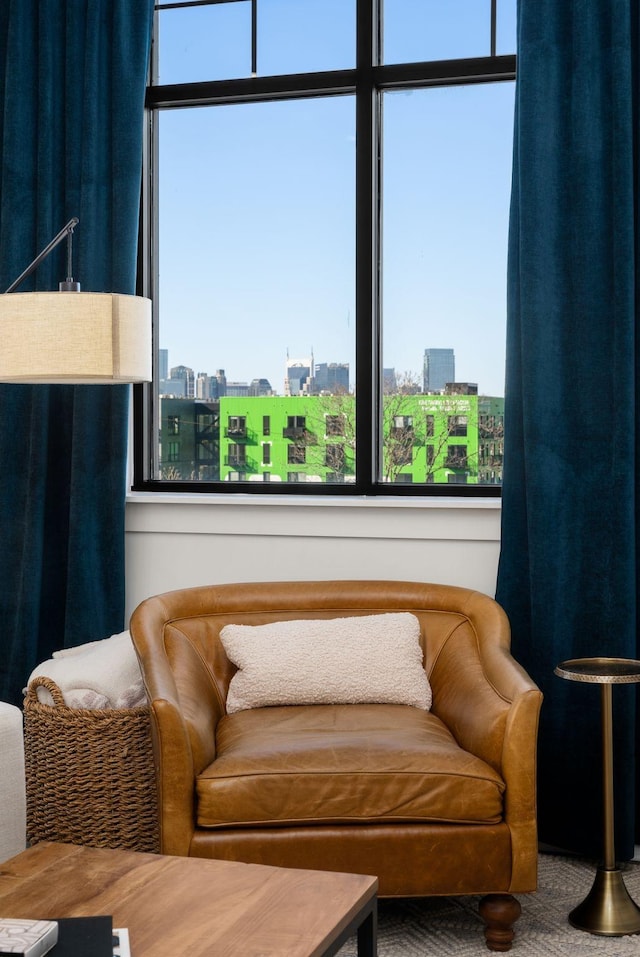 sitting room featuring a wealth of natural light and a view of city