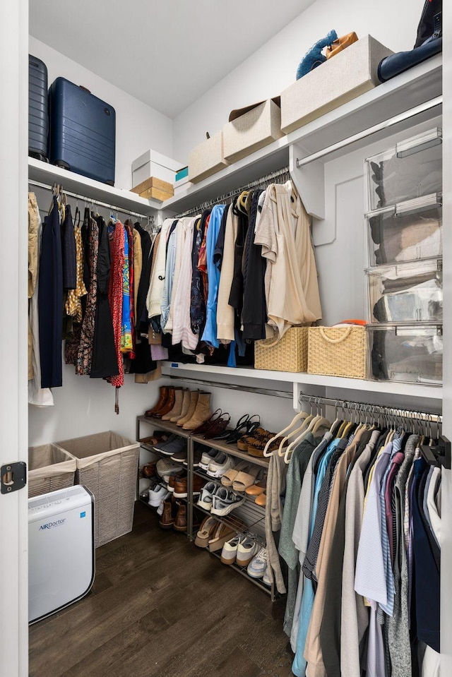 walk in closet with wood finished floors