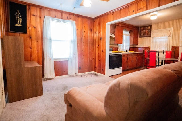 living area with wood walls, ceiling fan, crown molding, and light colored carpet