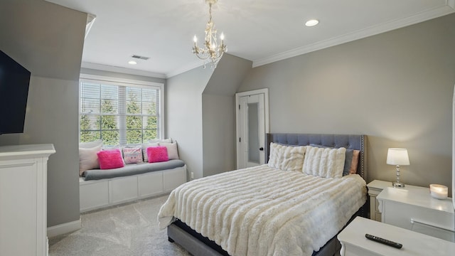 bedroom with light carpet, baseboards, visible vents, an inviting chandelier, and crown molding