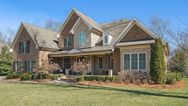 craftsman house featuring brick siding, covered porch, a standing seam roof, metal roof, and a front lawn