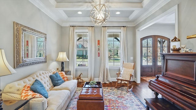 sitting room with arched walkways, coffered ceiling, wood finished floors, an inviting chandelier, and french doors