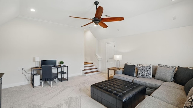 living room featuring stairway, light carpet, vaulted ceiling, ceiling fan, and baseboards