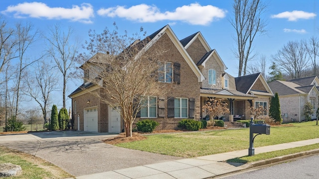 view of front of house featuring an attached garage, brick siding, fence, driveway, and a front lawn