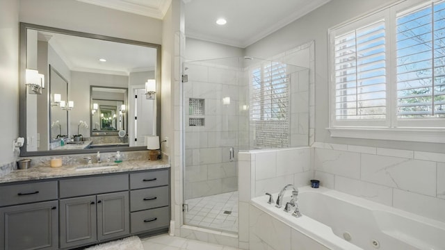 full bath with a stall shower, a tub with jets, marble finish floor, crown molding, and vanity