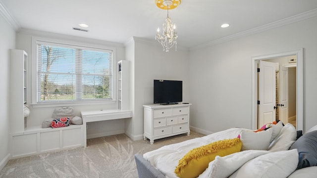 bedroom with ornamental molding, visible vents, and light colored carpet